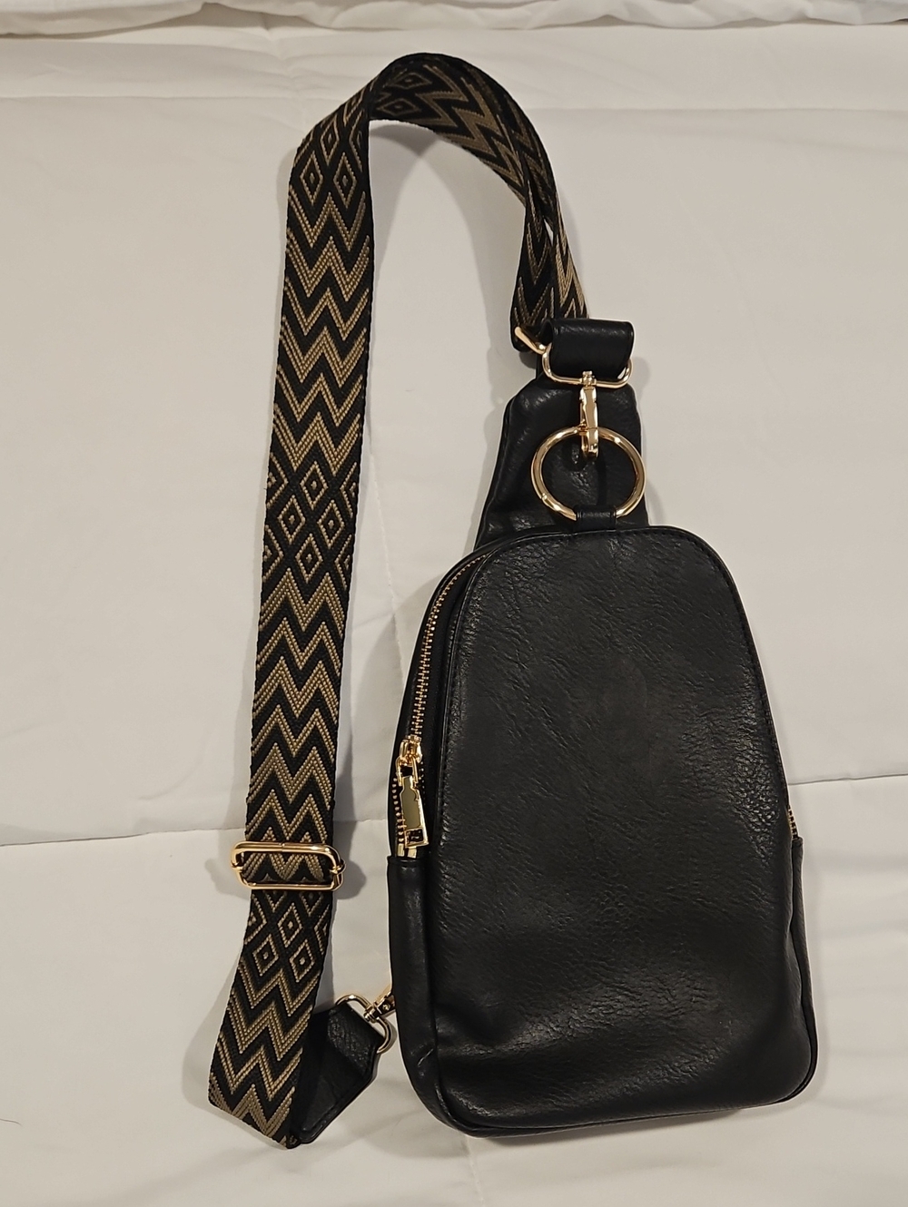 Moda Luxe Black Crossbody Sling Bag with Gold Hardware